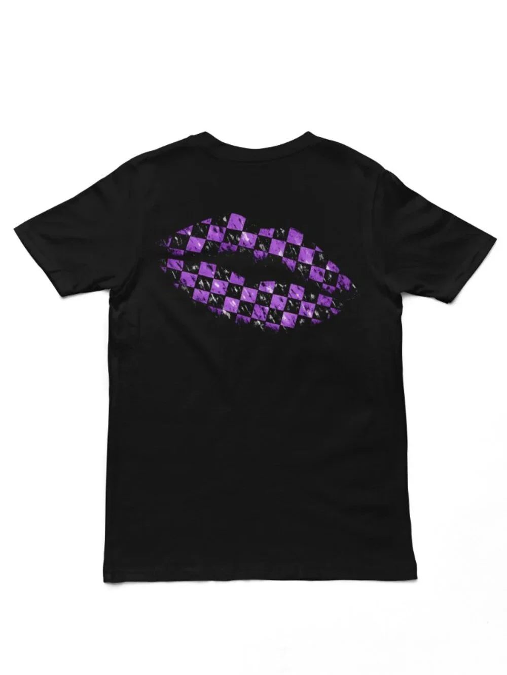 Checkered Lips T-Shirt – Distressed Graphic Tee with Transparent Knockout Purple - Picture 2 of 2